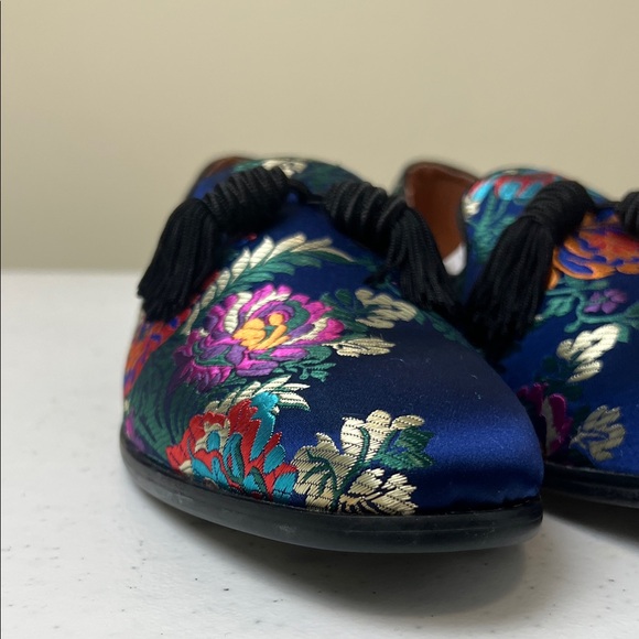 Luxury Blue Floral Loafers with Tassels – Italian Fabric Dress Shoes main image 5